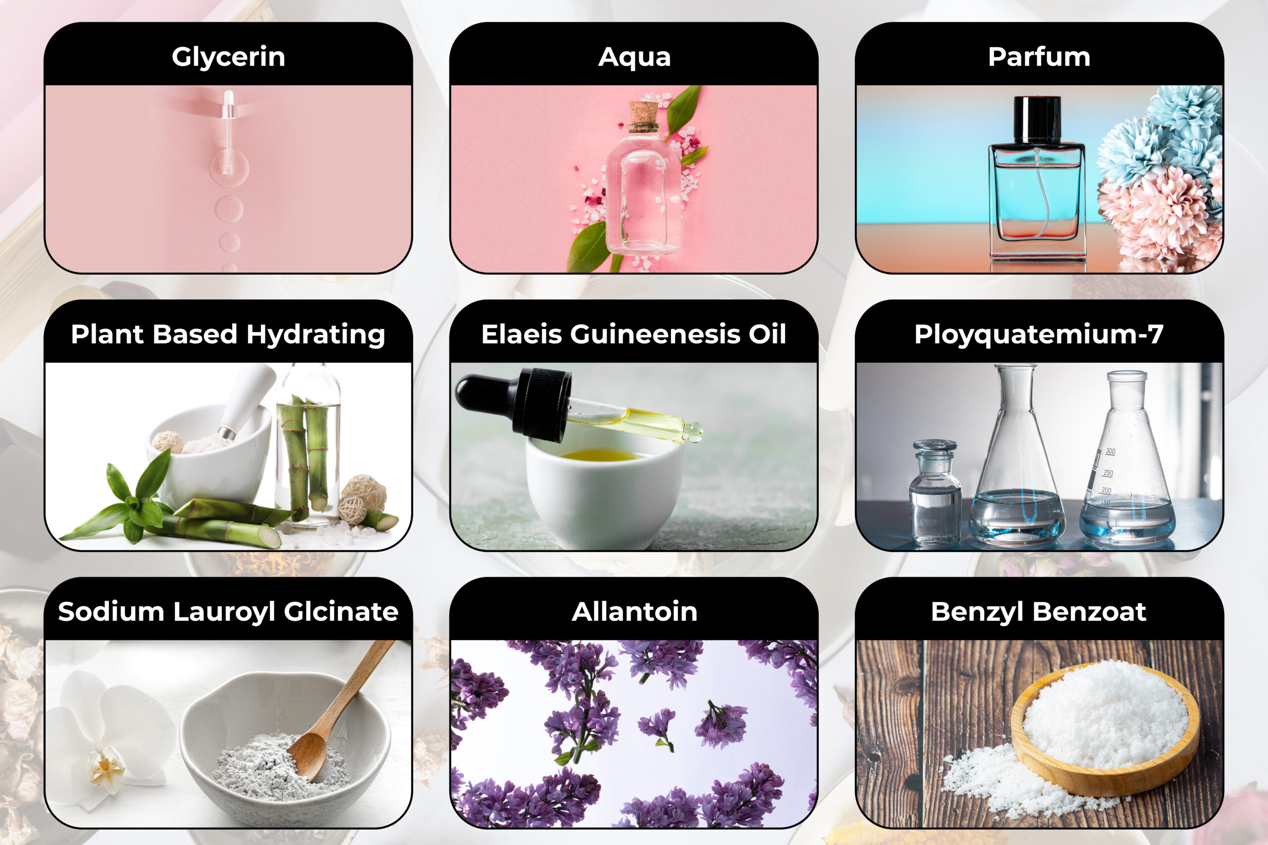 Ingredients: Glycerin, Aqua, Parfum, Plant Based Hydrating,Sodium Lauroyl Glcinate, Elaeis Guineenesis Oil, Ployquatemium-7, Allantoin, Benzyl Benzoat